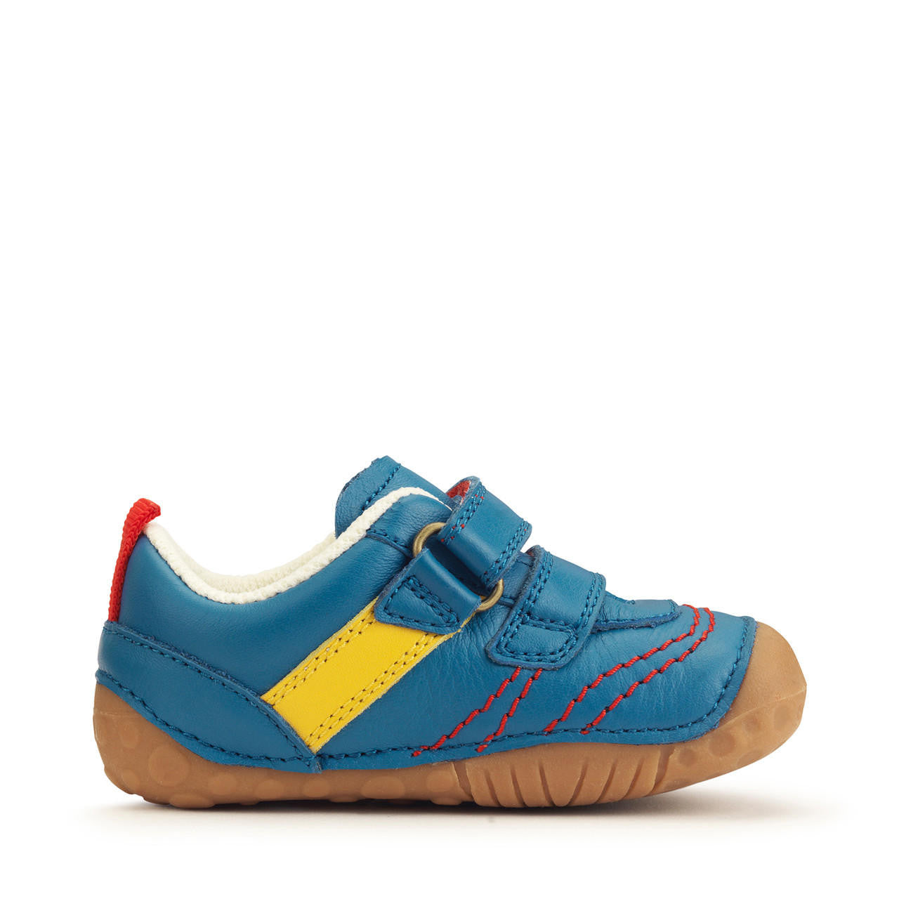 A boys pre-walker by Start-Rite, style Little Smile. In blue leather multi with double velcro fastening and toe bumper. Left side view.