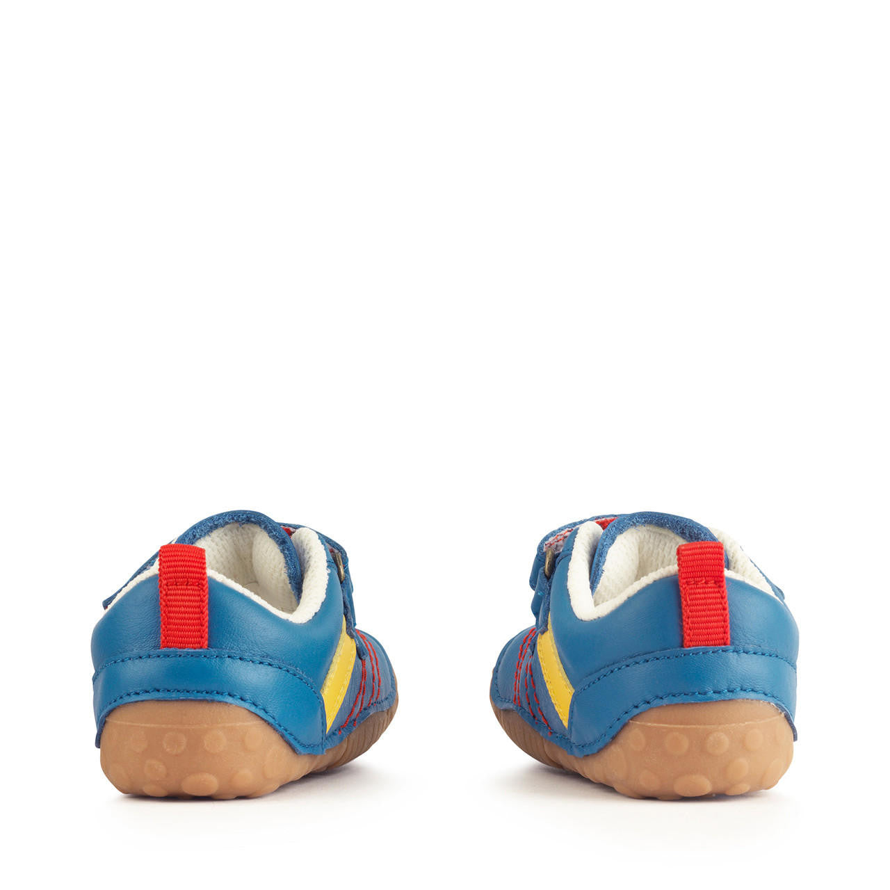 A boys pre-walker by Start-Rite, style Little Smile. In blue leather multi with double velcro fastening and toe bumper. View from back.