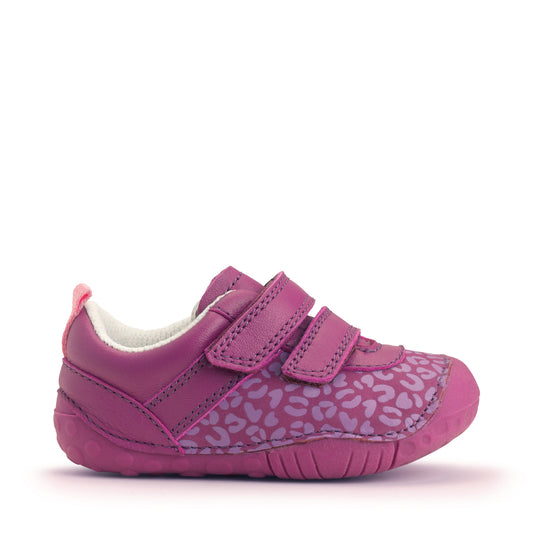 A girls pre-walker by Start-Rite, style Little Smile. In bright pink nubuck with leopard print detail. Double velcro fastening and toe bumper. Right side view.