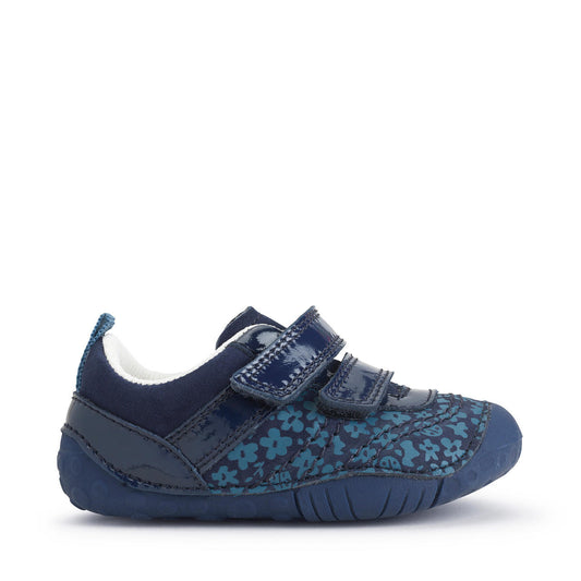 A girls pre-walker by Start-Rite, style Little Smile. In plain navy and floral print nubuck with patent double velcro fastening and toe bumper. Right side view.