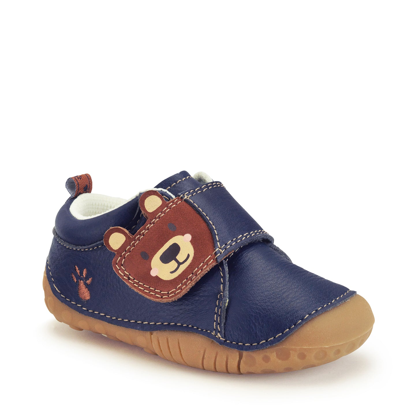 A boy's pre-walker by Start Rite, style Bear Hug,in navy leather with brown paw print detail to side and brown bears face on velcro fastening. Toe bumper. Angled right side view.