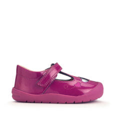 A girls T-Bar shoe by Start-Rite, style Party, in pink glitter leather with pink heart and silver heart detail and velcro fastening. Right side view.