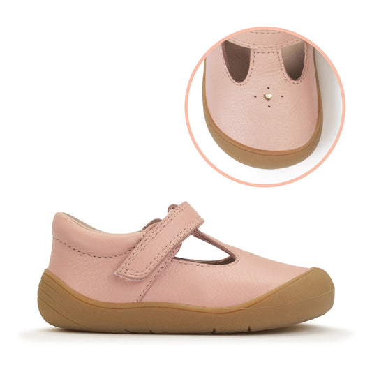 A girls shoe by Start-Rite, style Charms, in dusky pink with t-bar, velcro strap and front and back bumpers. Right side view