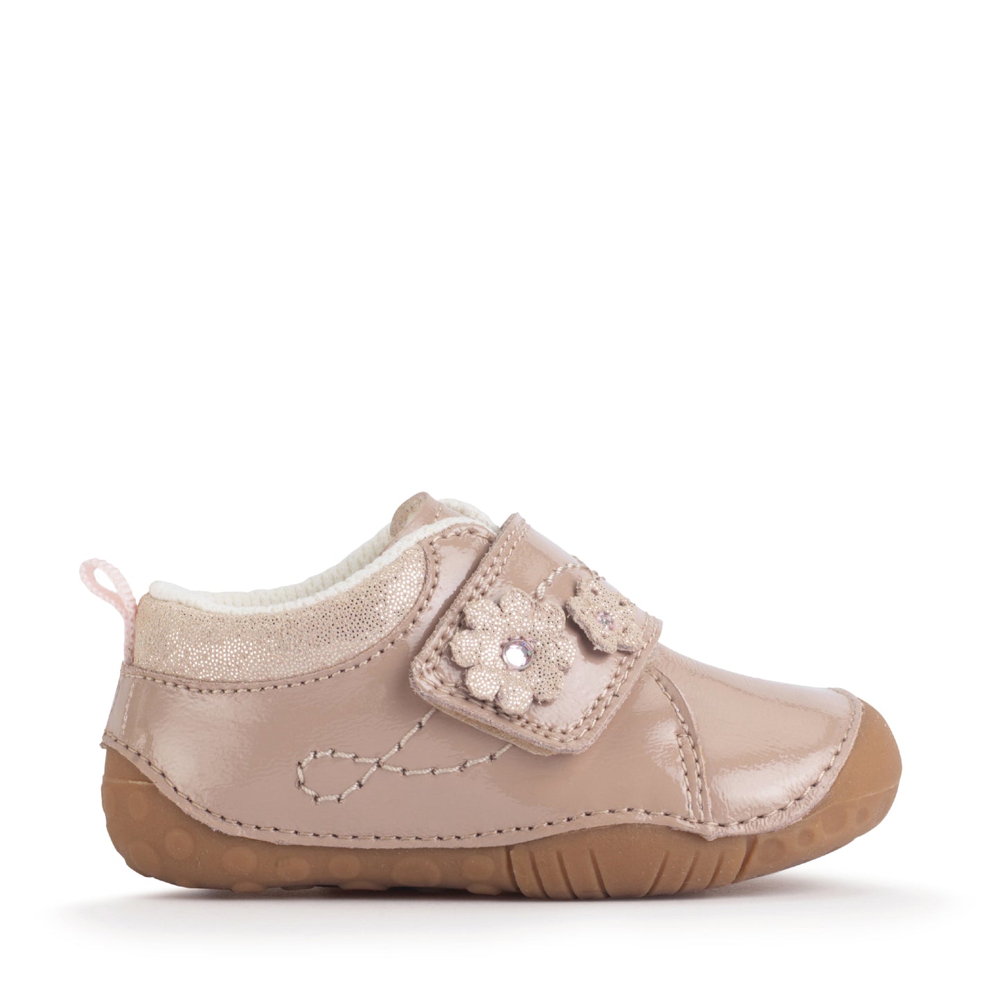 A girls shoe by Start-Rite, stye Lila, in taupe with heel and toe bumpers and wide velcro strap with flower design. Right side view