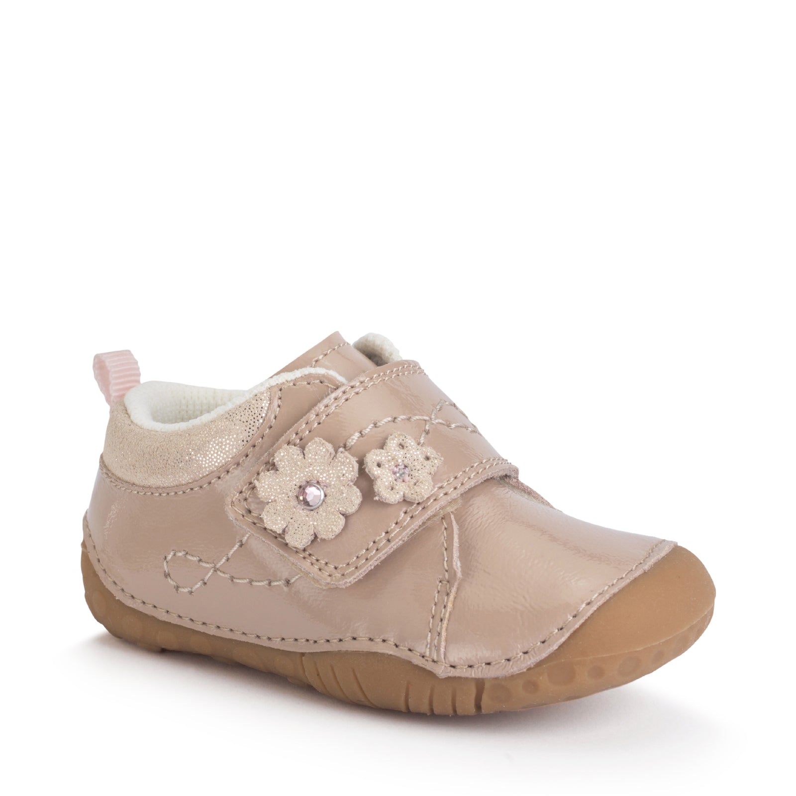 A girls shoe by Start-Rite, stye Lila, in taupe with heel and toe bumpers and wide velcro strap with flower design. Front view