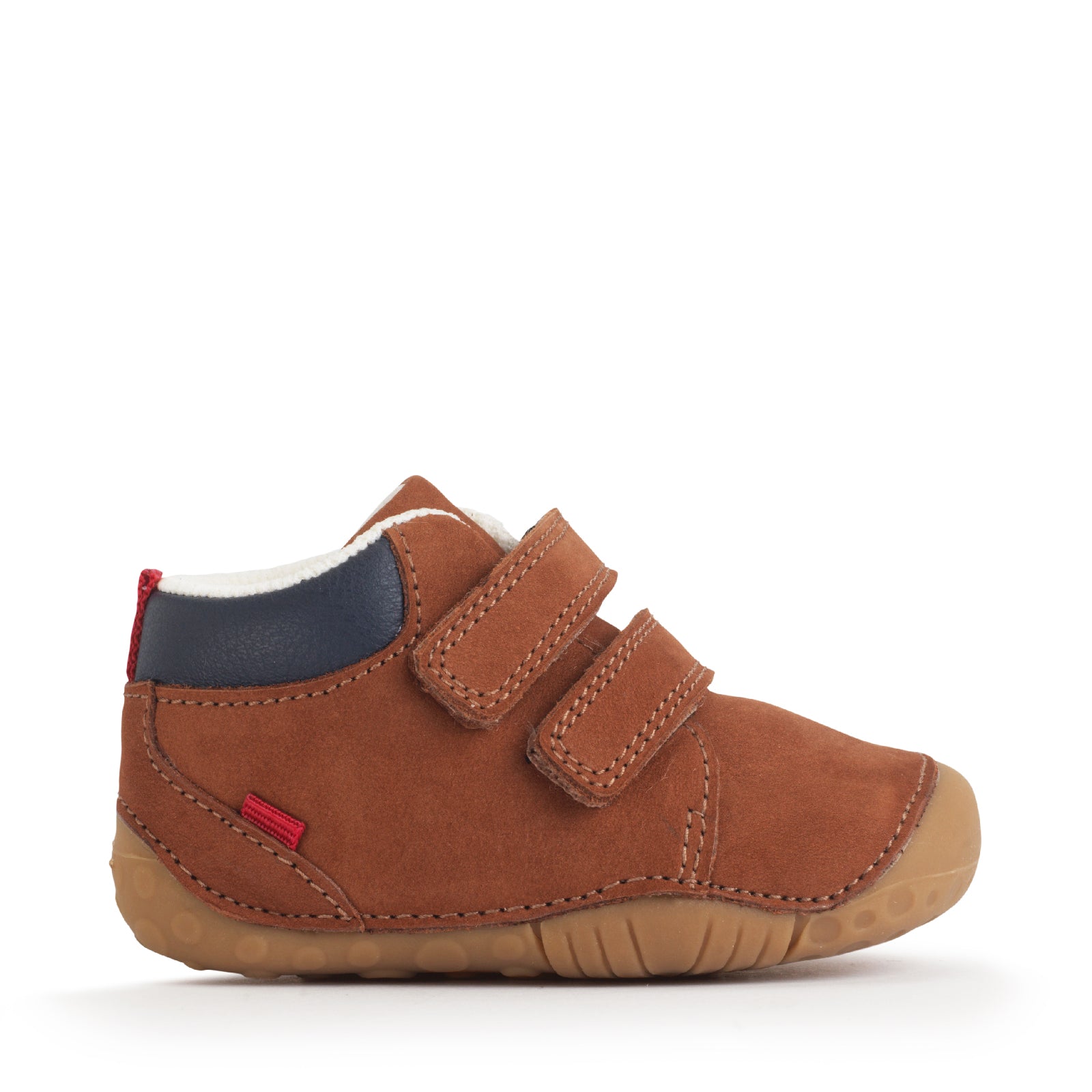 A boys shoe by Start-Rite, stye Pip, in tan with heel and toe bumpers and two velcro straps. Right side view
