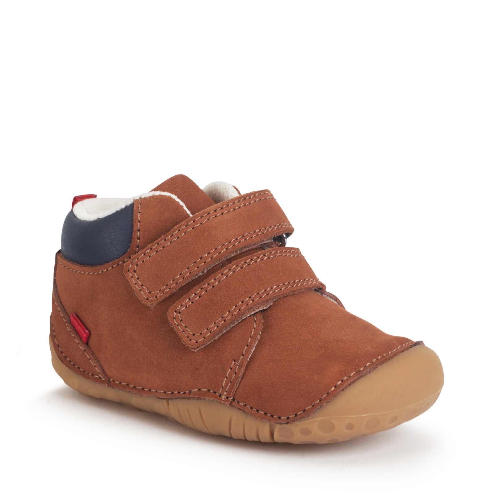 A boys shoe by Start-Rite, stye Pip, in tan with heel and toe bumpers and two velcro straps. Front view