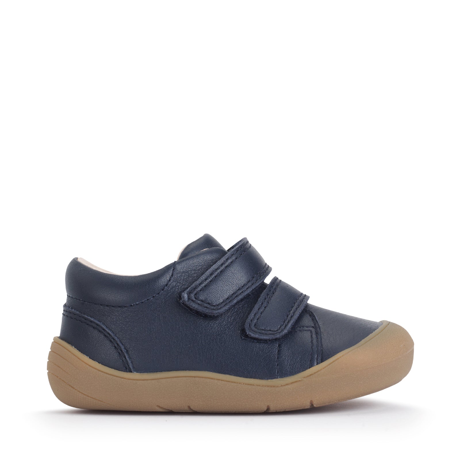A boys shoe by Start-Rite, stye Scoot, in navy with heel and toe bumpers and two velcro straps. Right side view