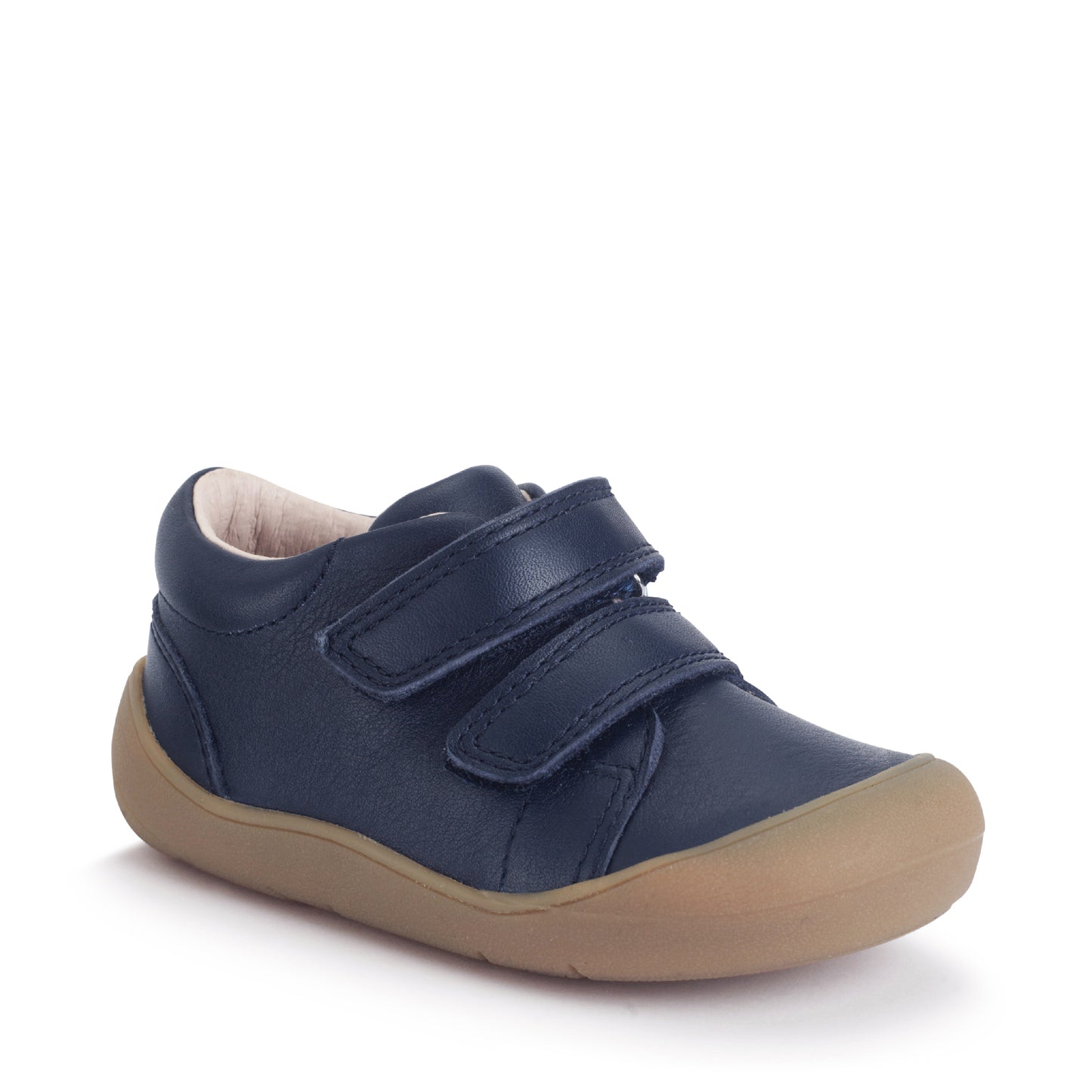 A boys shoe by Start-Rite, stye Scoot, in navy with heel and toe bumpers and two velcro straps. Front view