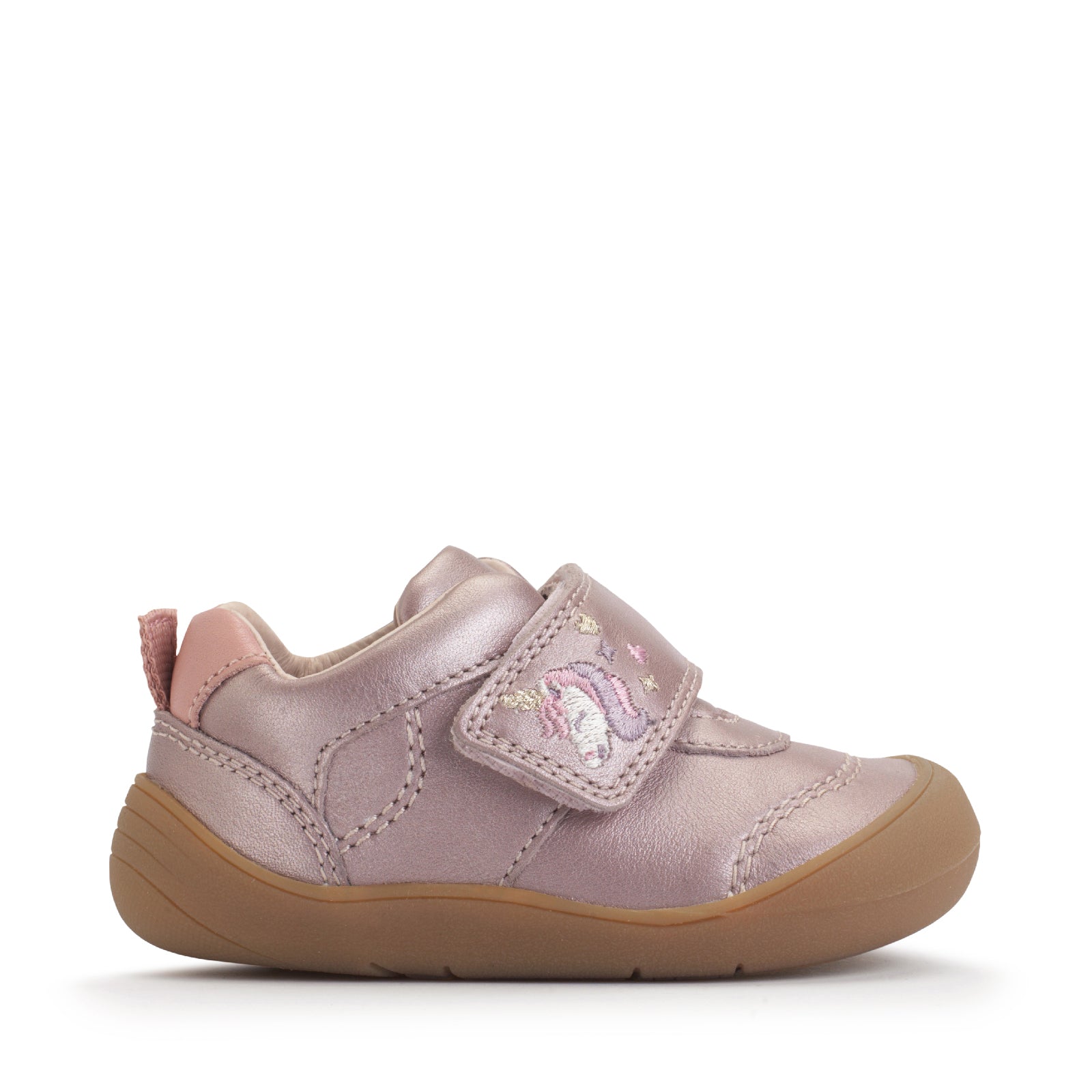 A girls shoe by Start-Rite, stye Moonbeam, in blush/pearlised with wide velcro strap with unicorn design. Right side view