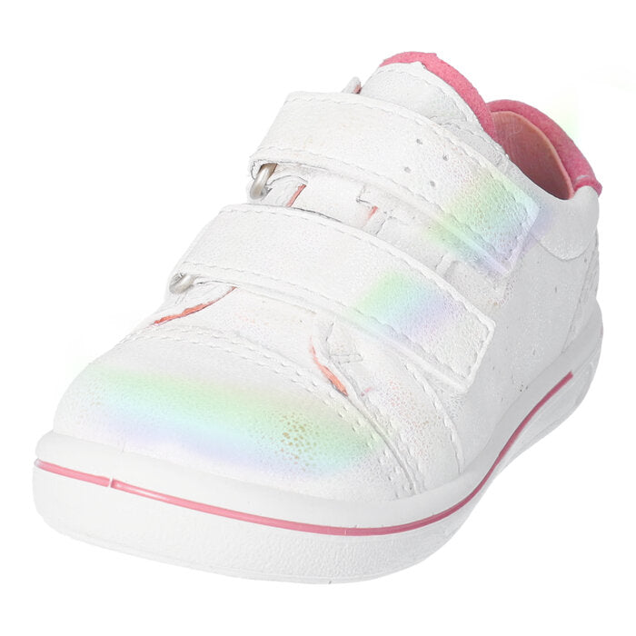 A girls casual shoe by Ricosta, style Lenie, white iridescent with pink trim, double velcro fastening. Front angled view.