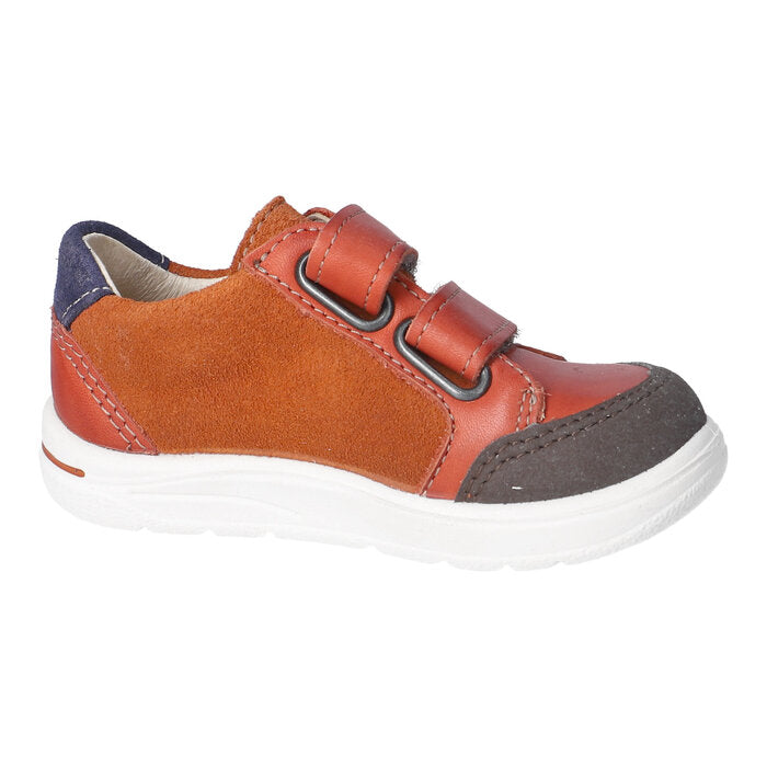 A boys shoe by Ricosta, style Jamie, in orange multi with double velcro fastening.  Left side view.