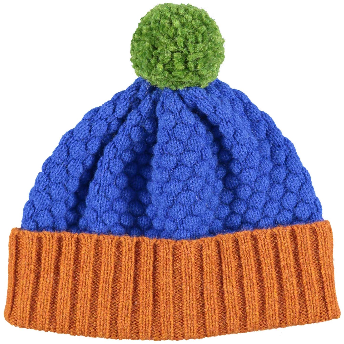 Lambswool knitted bobble hat by Catherine Tough, orange and blue with green bobble. Front view