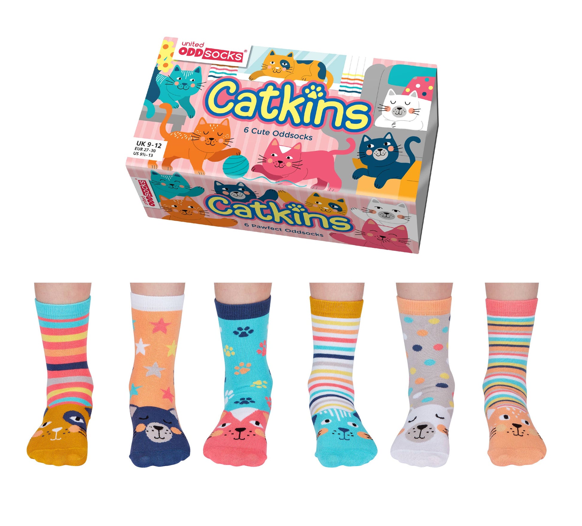 3 pairs of non matching multicoloured cat print socks by Odd Socks. Style Catkins. Front view of Catkins gift box and socks.