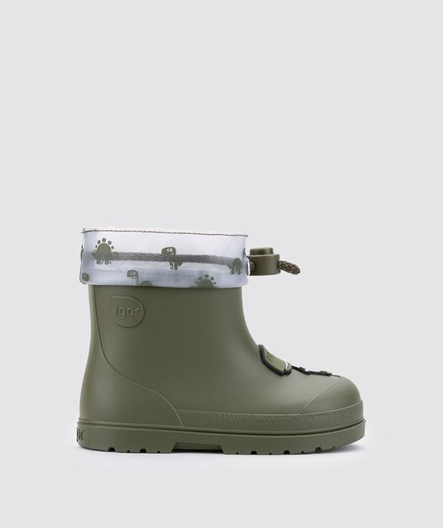 A unisex wellie by Igor, style W10323-042 Mendi Dino, in Khaki with dino detail and toggle fastening. Right side view.