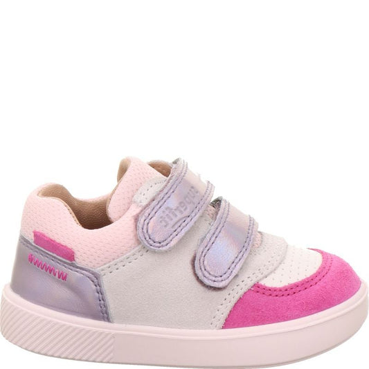 A girls casual trainer by Superfit, style Supies in pink/multicolour with pink stiching detail on side and two velcro straps. Left side view