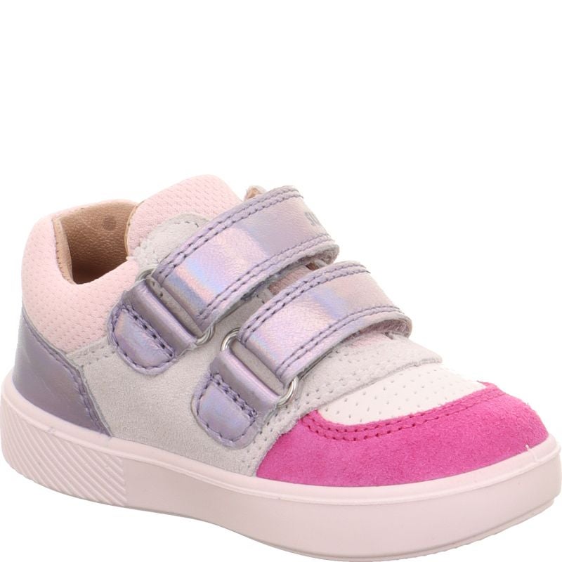 A girls casual trainer by Superfit, style Supies in pink/multicolour with pink stiching detail on side and two velcro straps. Angled inner side view