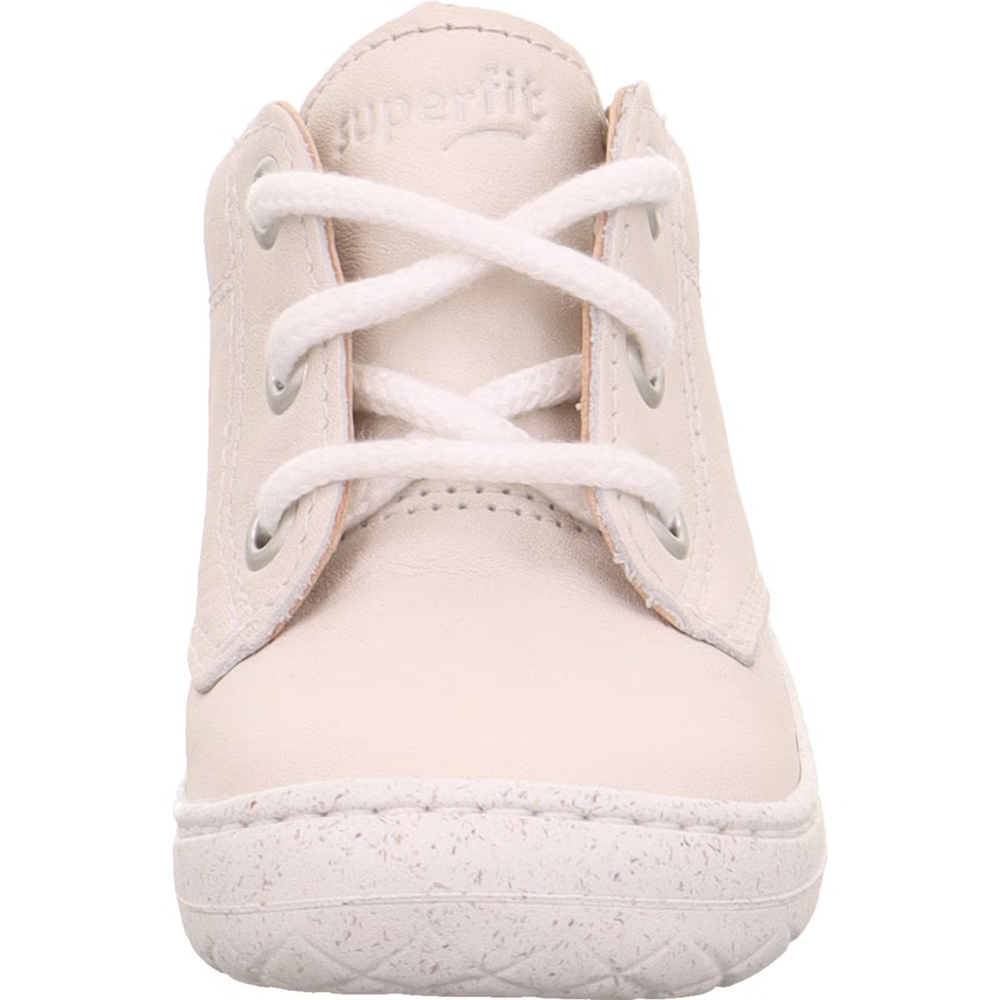 Superfit Saturnus barefoot boot in white with white bungee laces and white sole. Front view