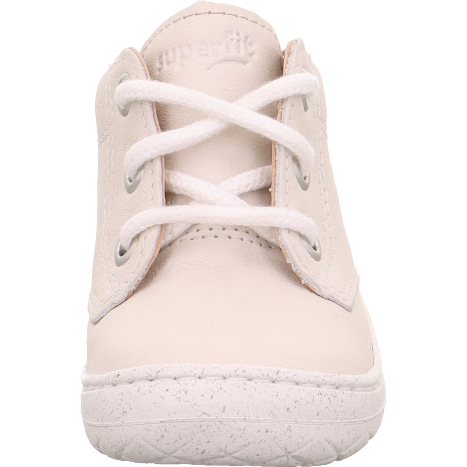 Superfit Saturnus barefoot boot in white with white bungee laces and white sole. Front view