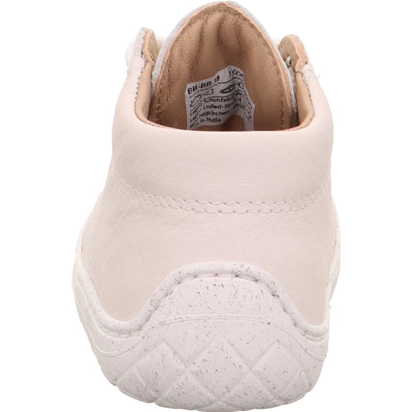 Superfit Saturnus barefoot boot in white with white bungee laces and white sole. Back view.