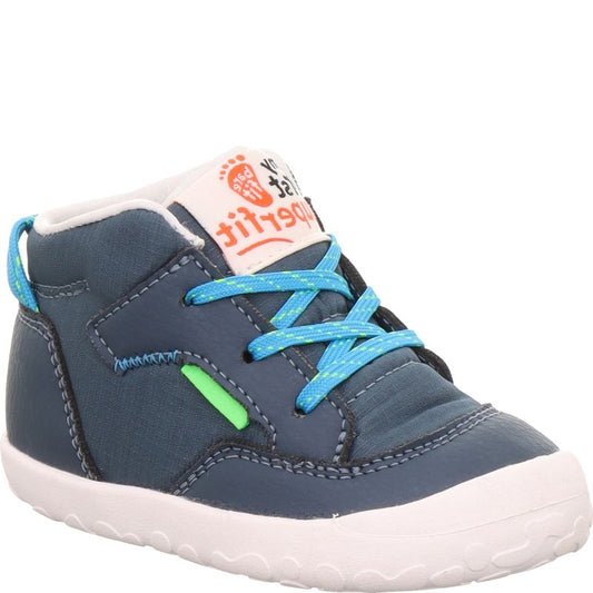 A boys first boot by Superfit, style Flummi in blue, lace fastening. Left angled view. Featuring bare fit logo