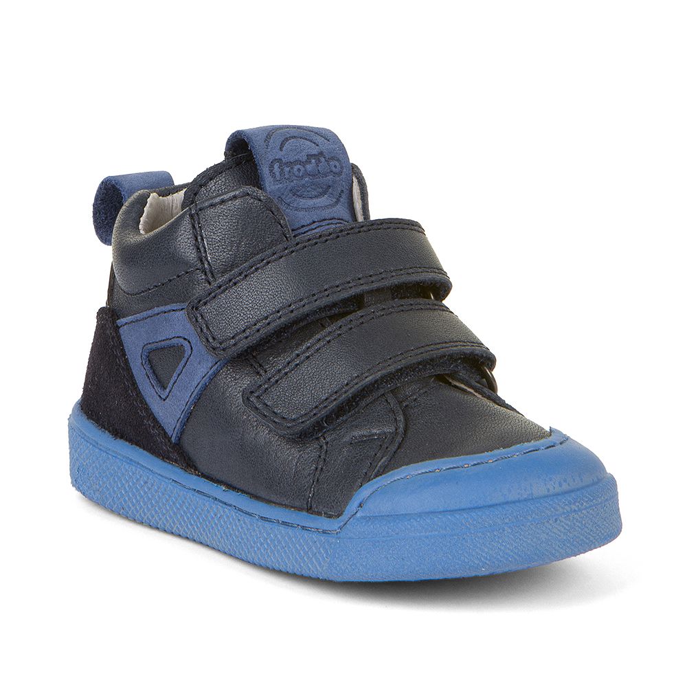 A boys Hi-Top boot by Froddo, style Rosario High Top G2110119-1, in blue/denim with Velcro fastening. Angled view.,