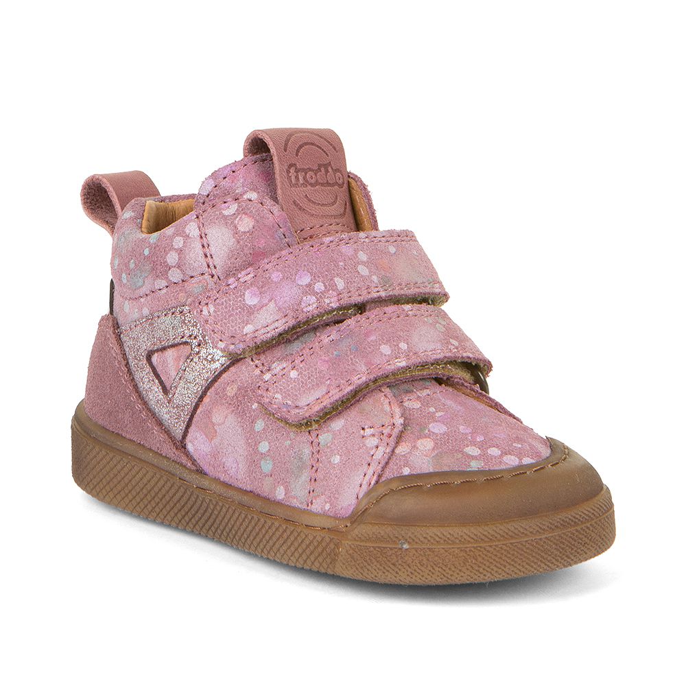 A girls ankle boot by Froddo, style Rosario High Top G2110119-24, in pink with Velcro fastening. Angled view.,