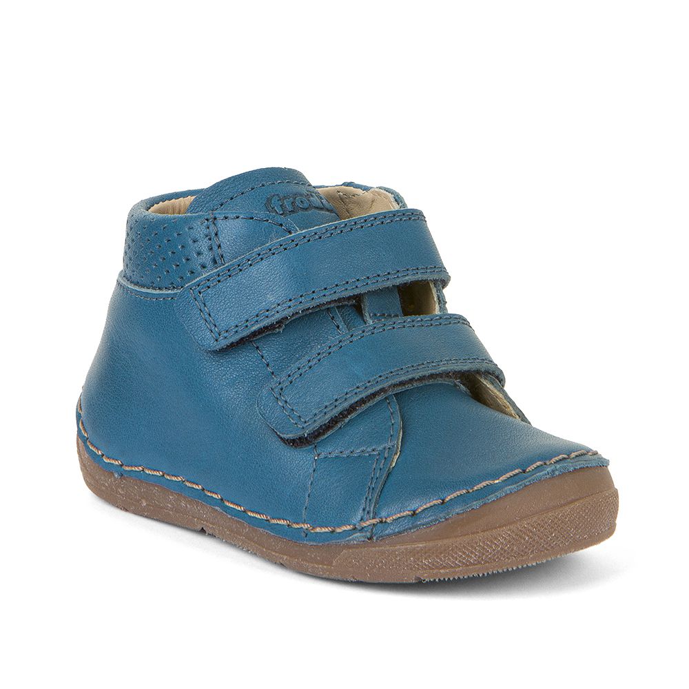 A girls ankle boot by Froddo, style Paix Velcro G2130299-1, in Dark Denim with Velcro fastening. Angled view.,
