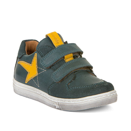 A boys casual shoe by Froddo, style Dolby, in petroleum leather and suede with mustard tag and star detail. Double velcro fastening. Angled view.