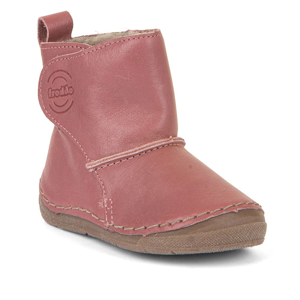 A girls fur lined calf boot by Froddo, style Paix Winter Boots G 2160077-7, in dark pink with Velcro fastening. Angled view., 
