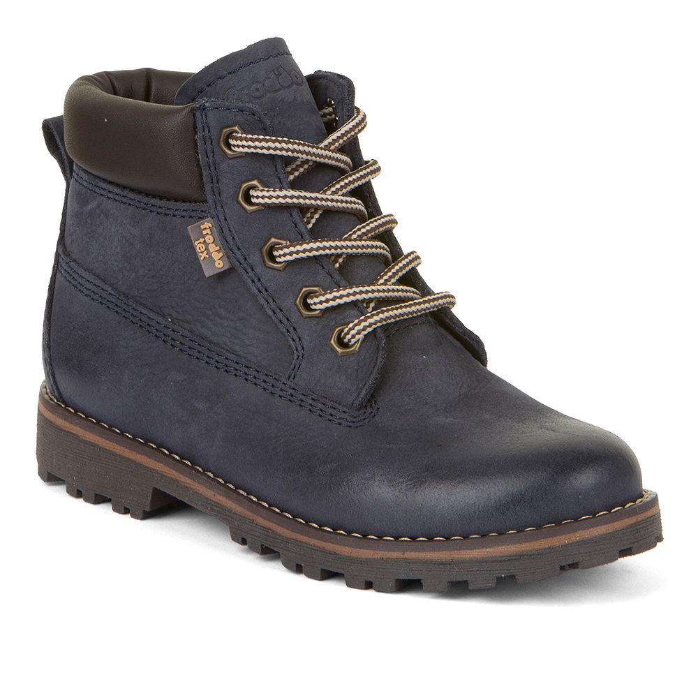 A boys waterproof lined boot by Froddo, style Mono Laces Tex Furry G3110244-K, in navy nubuck with lace fastening. Angled view.
