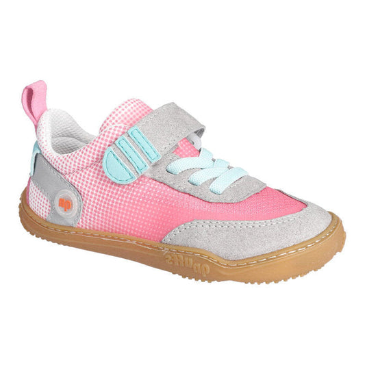 A girls casual shoe by Ricosta, style Fichte in light grey/flower with vecro strap and elastic laces. Right side view
