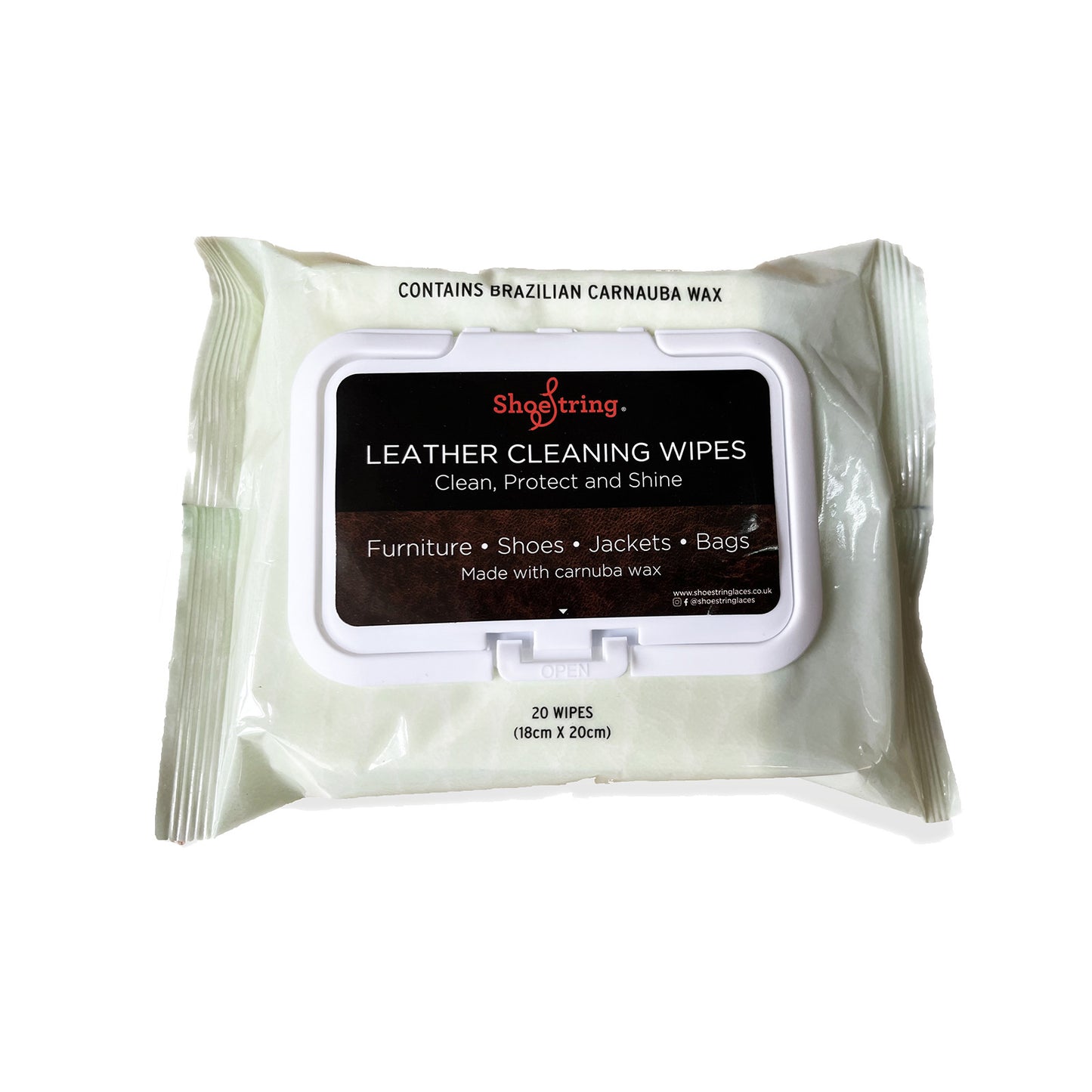 A pack of leather cleaning wipes by Shoestring.