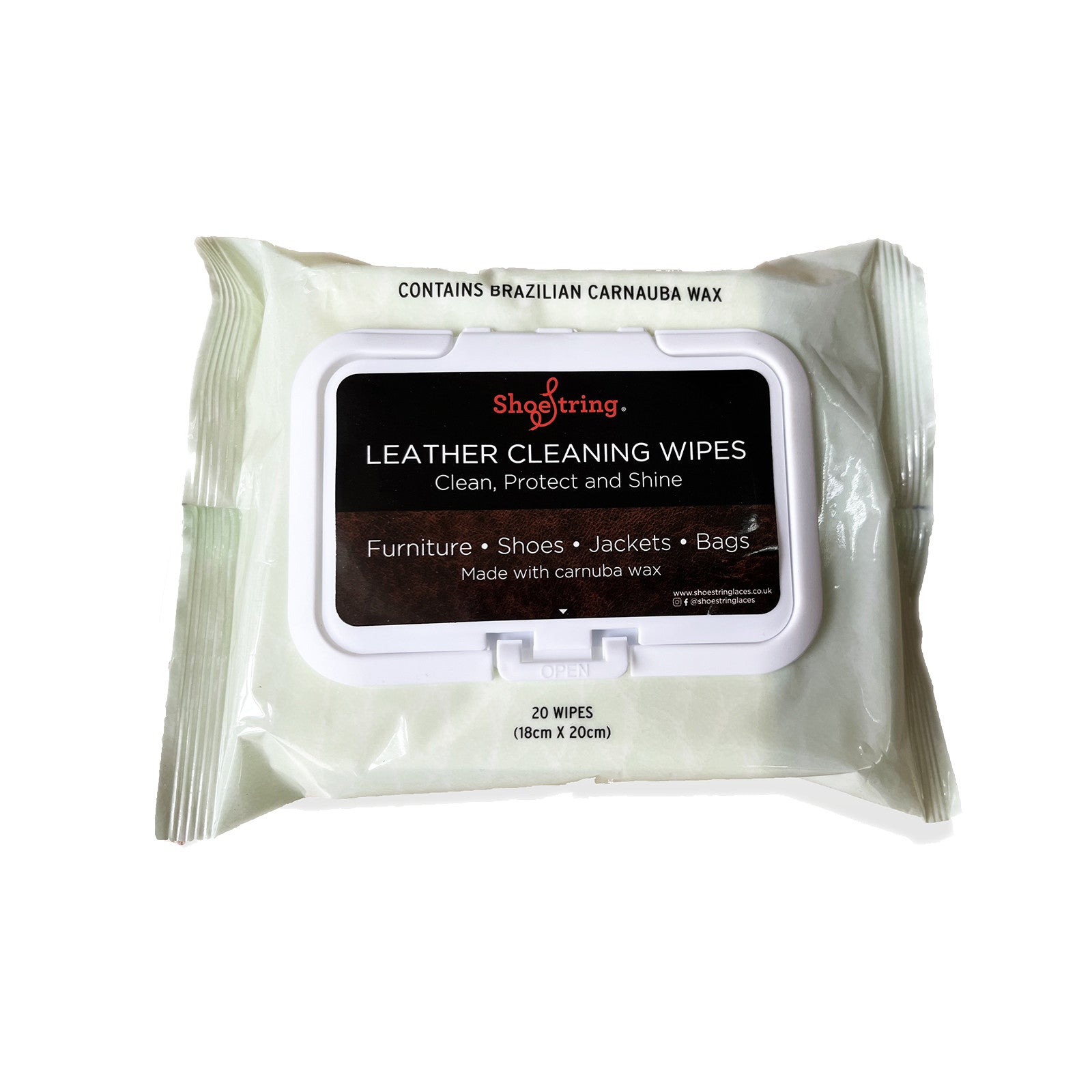 A pack of leather cleaning wipes by Shoestring.