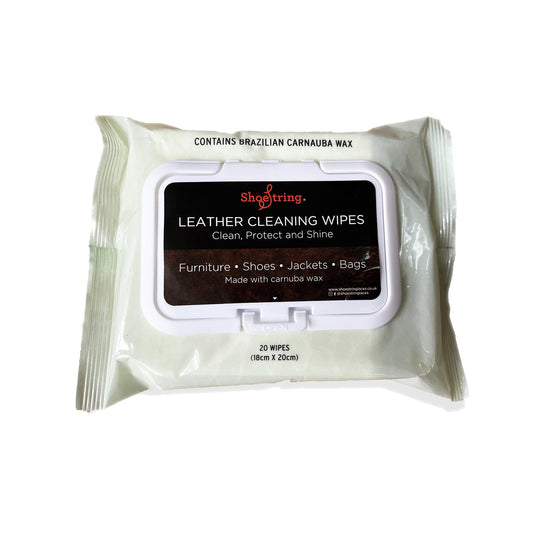 A pack of leather cleaning wipes by Shoestring.