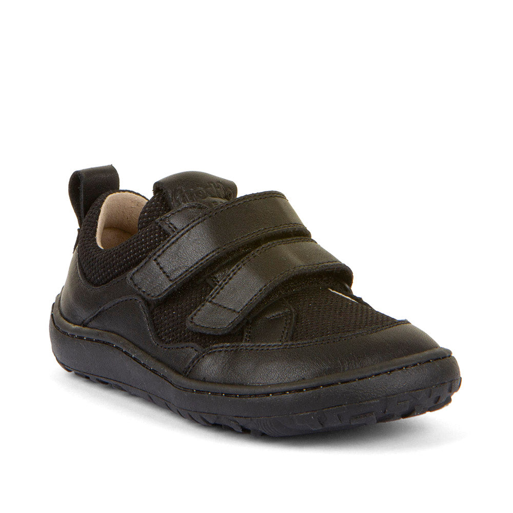 A boys barefoot school shoe by Froddo, style Alex B with two velcro straps and toe and heel bumpers Angled front view