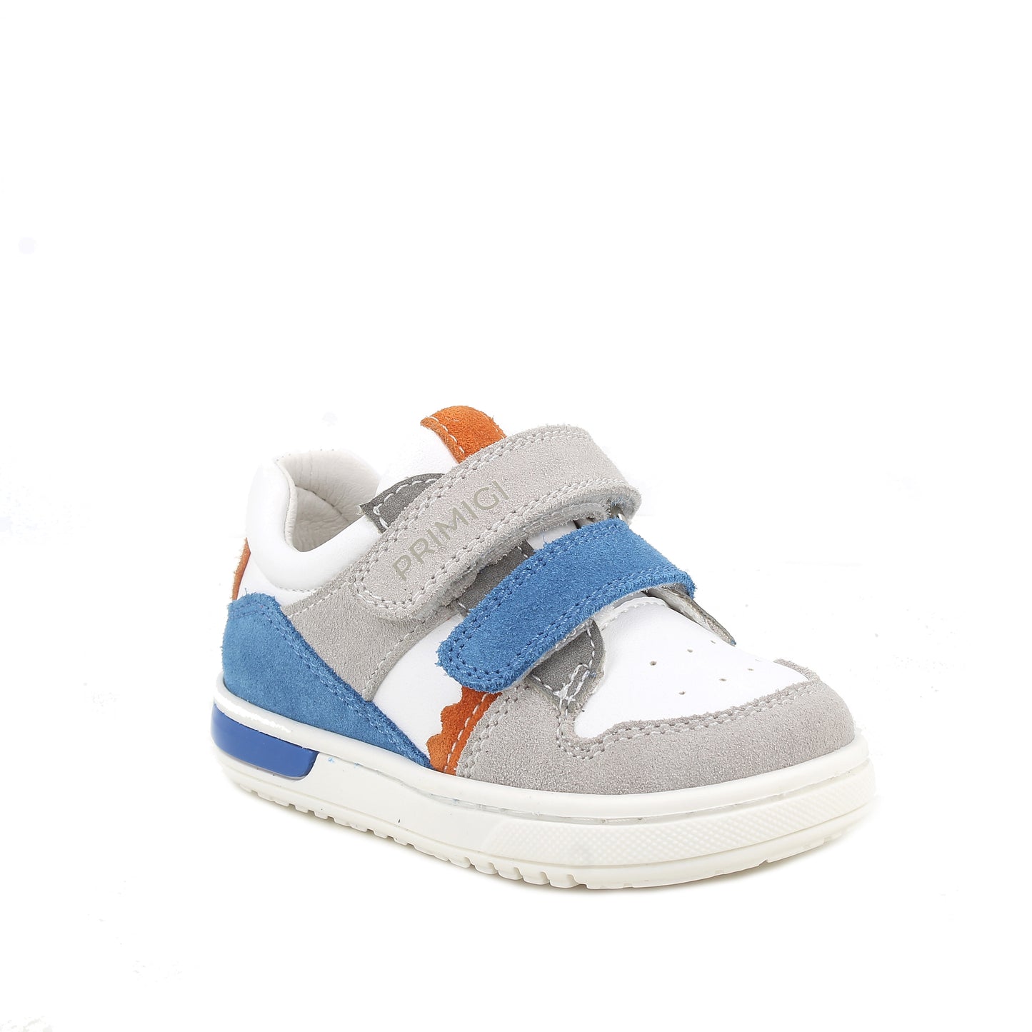 A boys casual trainer by Primigi, style Baby Dude in white/pearl/multi with two velcro straps and orange, blue and grey detailing over the shoe. Angled front view