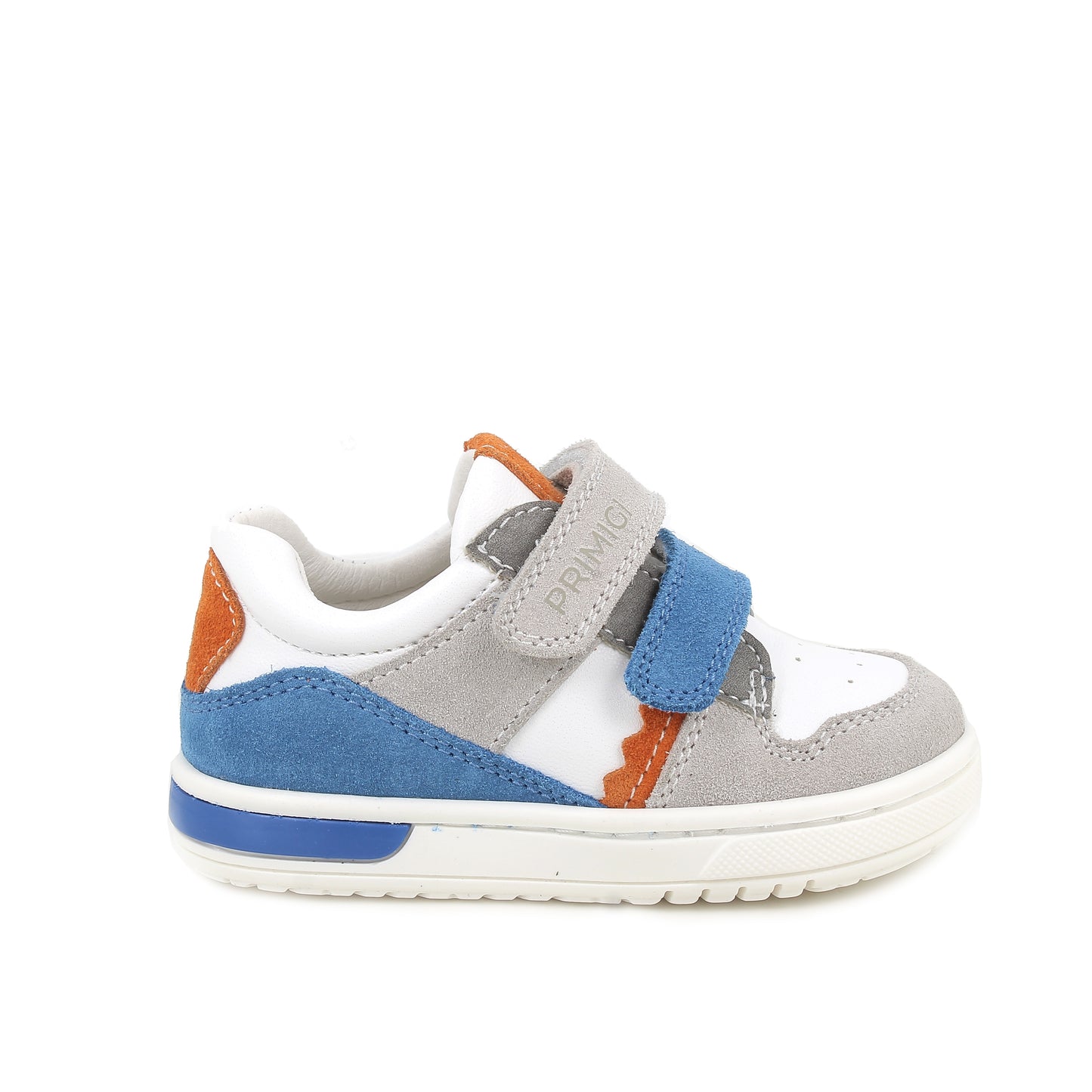 A boys casual trainer by Primigi, style Baby Dude in white/pearl/multi with two velcro straps and orange, blue and grey detailing over the shoe. Right side view
