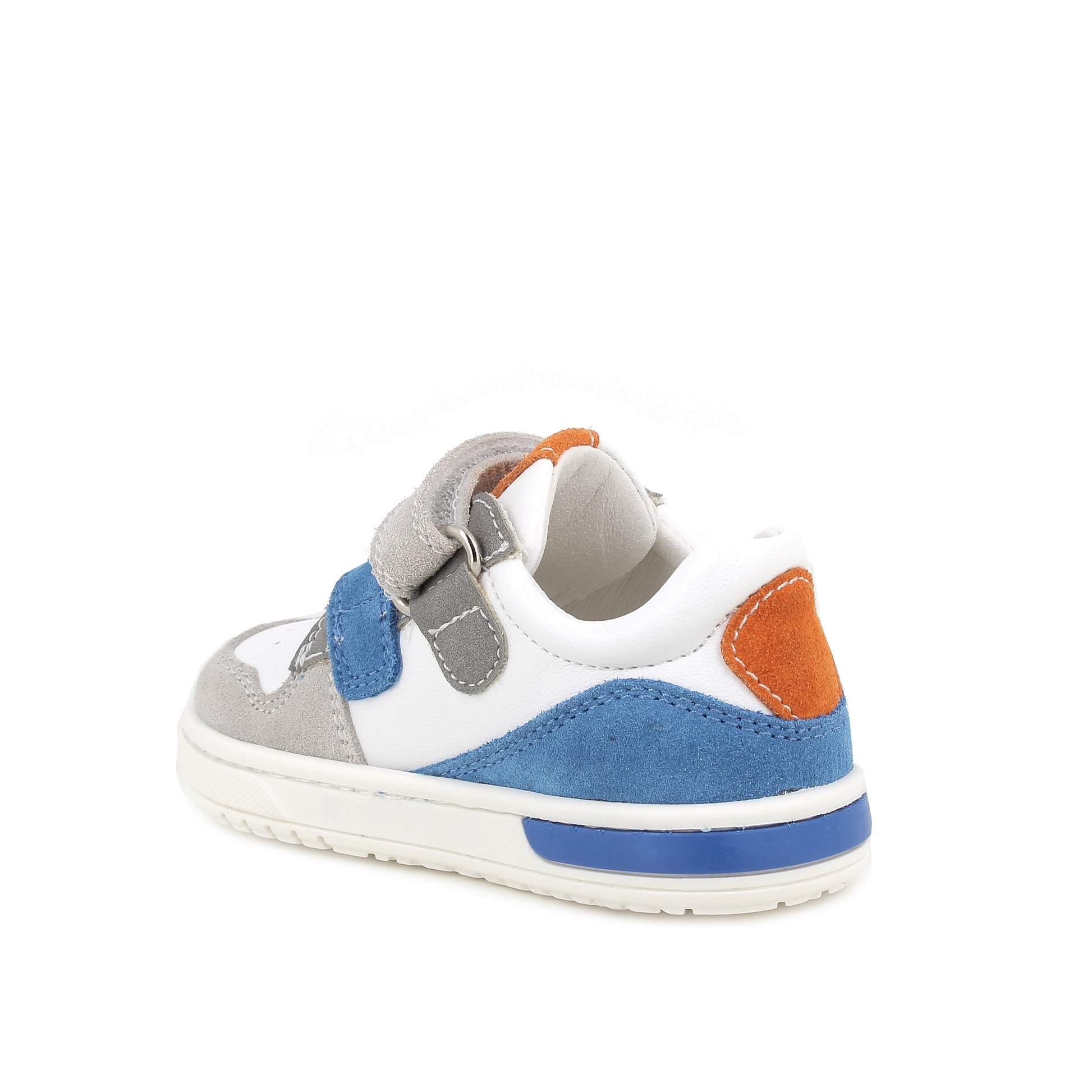 A boys casual trainer by Primigi, style Baby Dude in white/pearl/multi with two velcro straps and orange, blue and grey detailing over the shoe. Angled back view