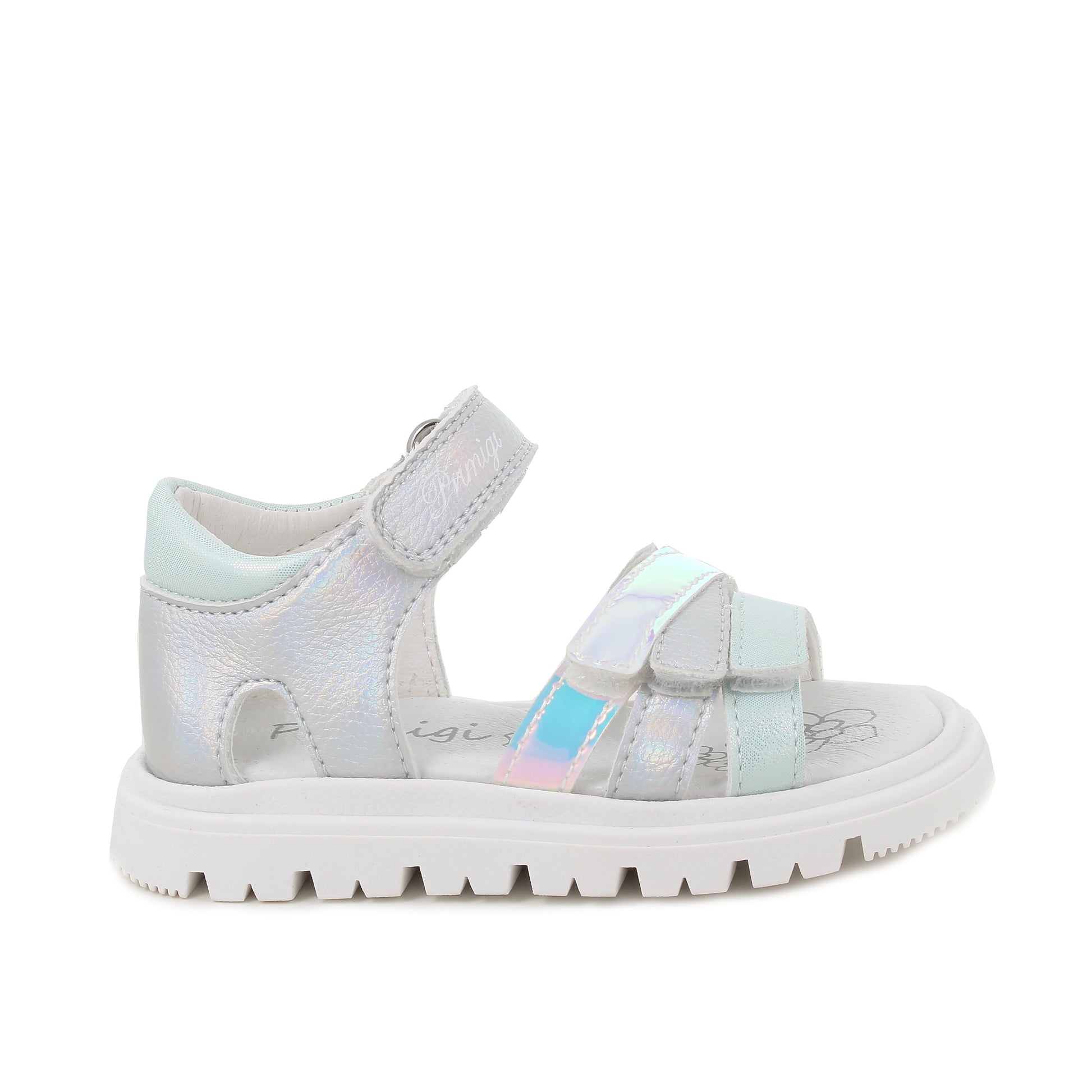A girls sandal by Primigi, style Happy Vibe in silver/aqua with four velcro straps, one on ankle and three on the front. Right side view