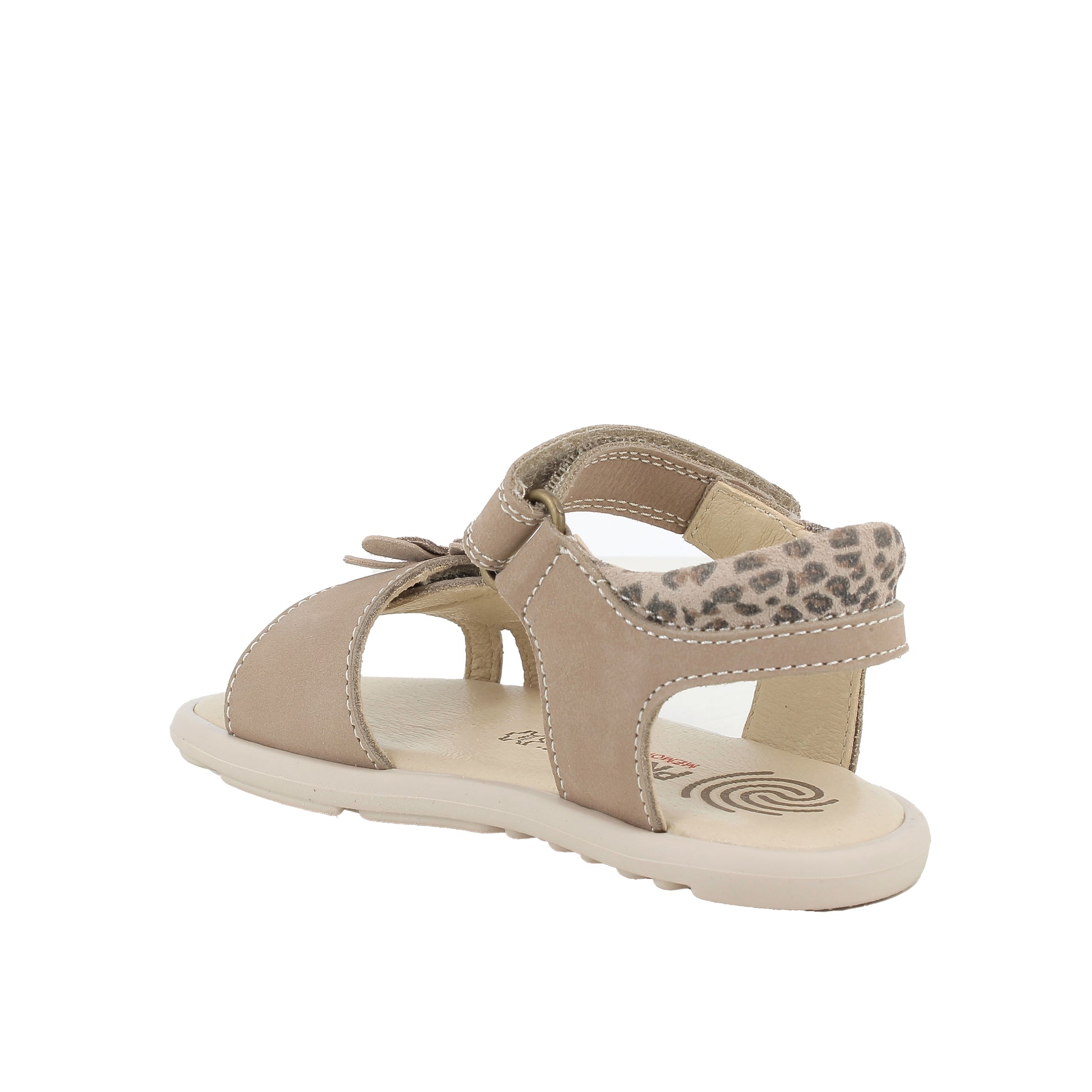 A girls sandal by Primigi, style Sandalo Thin in marmotta with two velcro straps, leopard print flower detail on the front strap and leopard print pattern on back of ankle. Angled back view