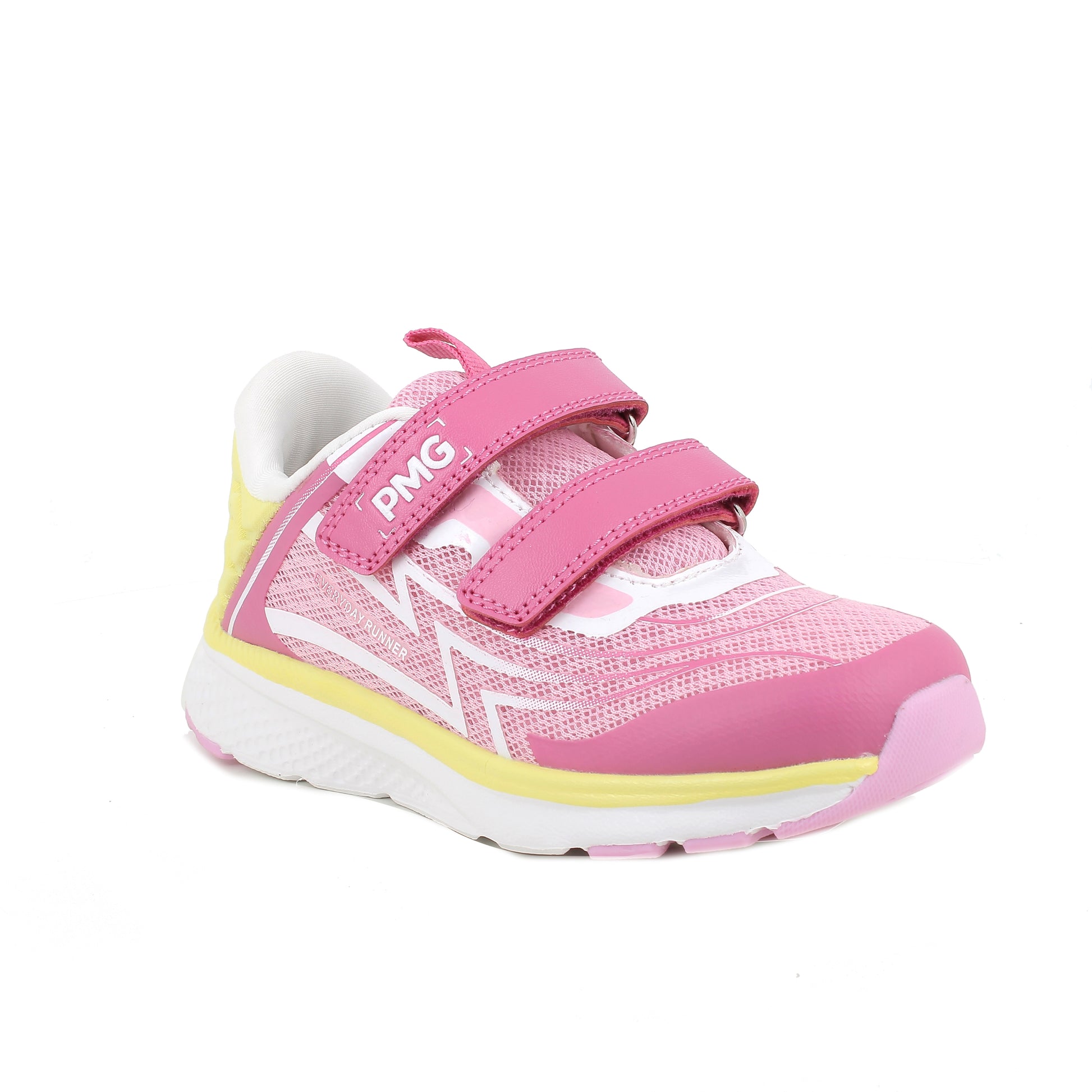 A girls trainer by Primigi, style B&G Playground in Pink. With two velcro straps, yellow design along sole and on heel. Angled front view