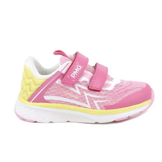 A girls trainer by Primigi, style B&G Playground in Pink. With two velcro straps, yellow design along sole and on heel. Right side view