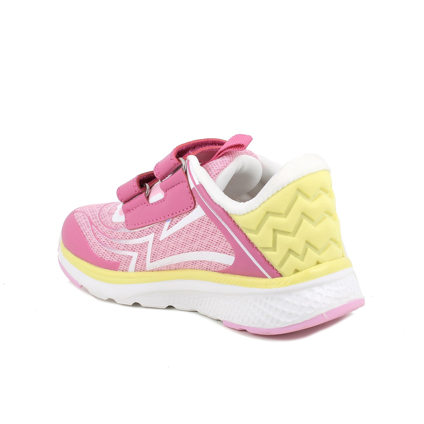 A girls trainer by Primigi, style B&G Playground in Pink. With two velcro straps, yellow design along sole and on heel. Angled back view