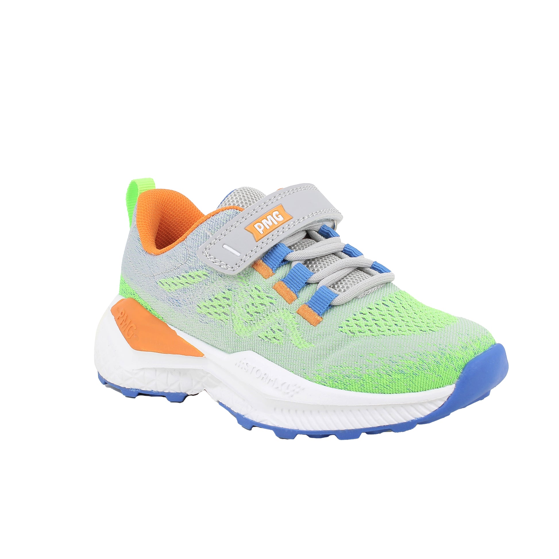 A boys trainer by Primigi, style B&G Storm in fluorescent green/light grey with elastic laces and velcro strap ad orange and blue detailing on laces, heel and sole. Angled front view