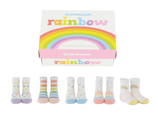5 pairs of rainbow multi print socks by Cucamelon. Style Rainbow. Front view of a multicoloured box and socks.