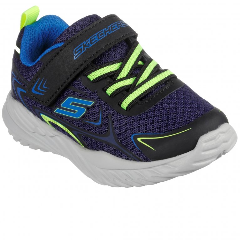 A boys trainer by Skechers, style Nitro Sprint, in navy/lime with stretch laces and velcro fastening. Angled view.