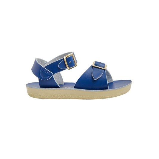 A unisex sandal by Salt Water Sandals in blue with double buckle fastening across the instep and around the ankle. Open Toe and Sling-back. Right Side view.
