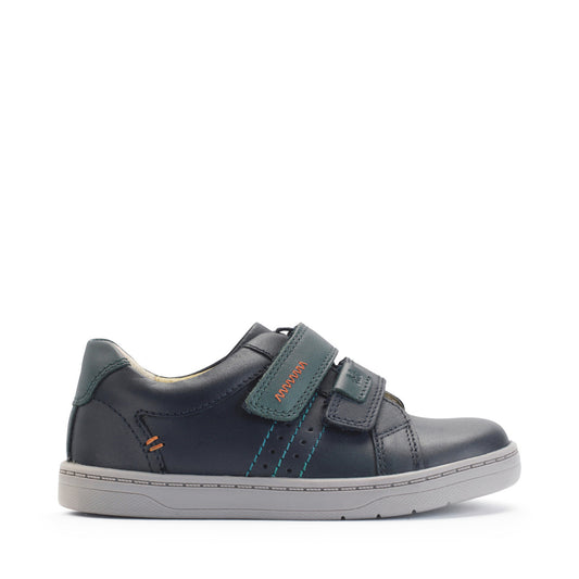 A boys casual school shoe by Start Rite, style Explore, in navy and teal leather with double velcro fastening. Right side view.