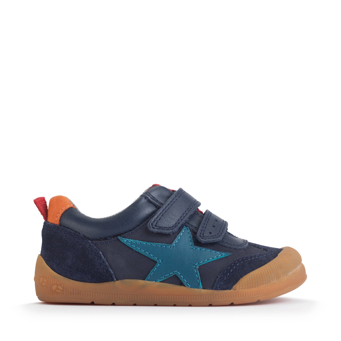 A boys shoe by Start-Rite, stye Tickle, in navy with blue star on side, with heel and toe bumpers and two velcro straps. Right side view